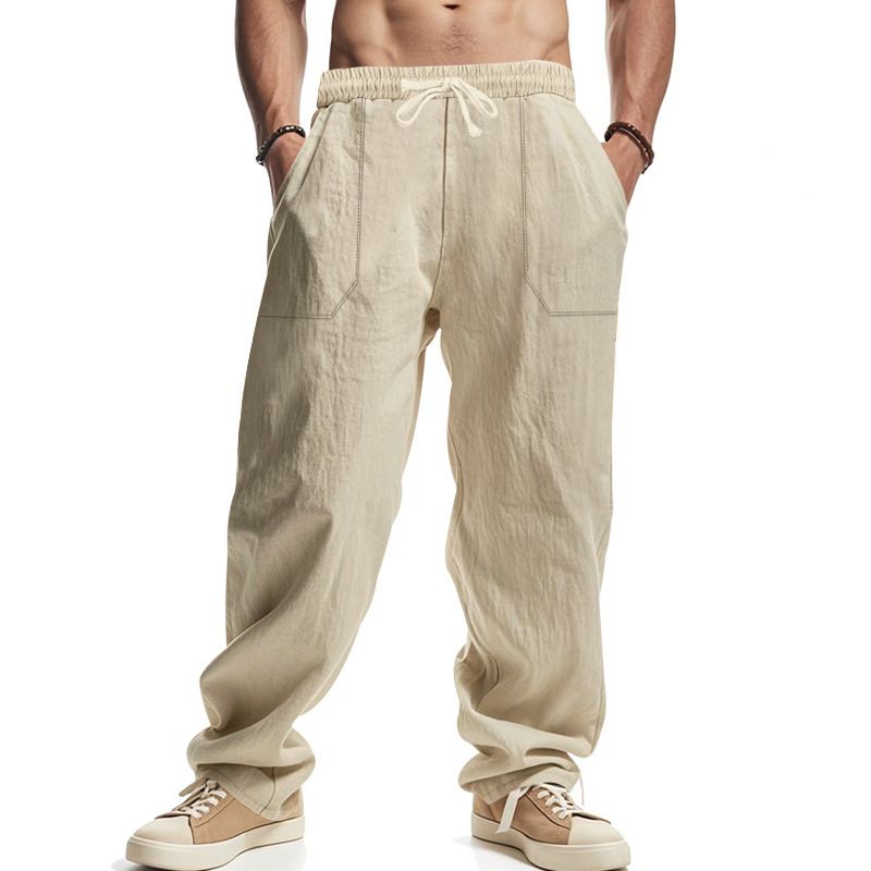 Übergroße, atmungsaktive und schweißabsorbierende Herrenhose aus Baumwollleinen in Volltonfarbe, einfache, lässige Hose mit weitem Bein_voghion.com