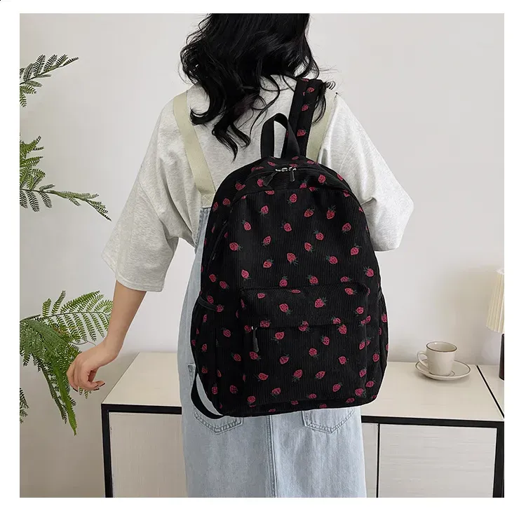 Corduroy Strawberry Backpack Student Multi Pocket Youth Adjustable Strap Notebook Outdoor Mochila Escolars 250408l_voghion.com