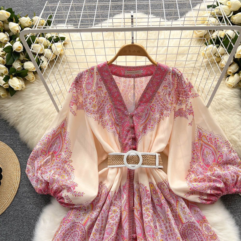 Damen-Retro-Urlaubsstil, V-Ausschnitt, Laternenärmel, Taille, mittellanges, bedrucktes, zierliches Kleid_voghion.com
