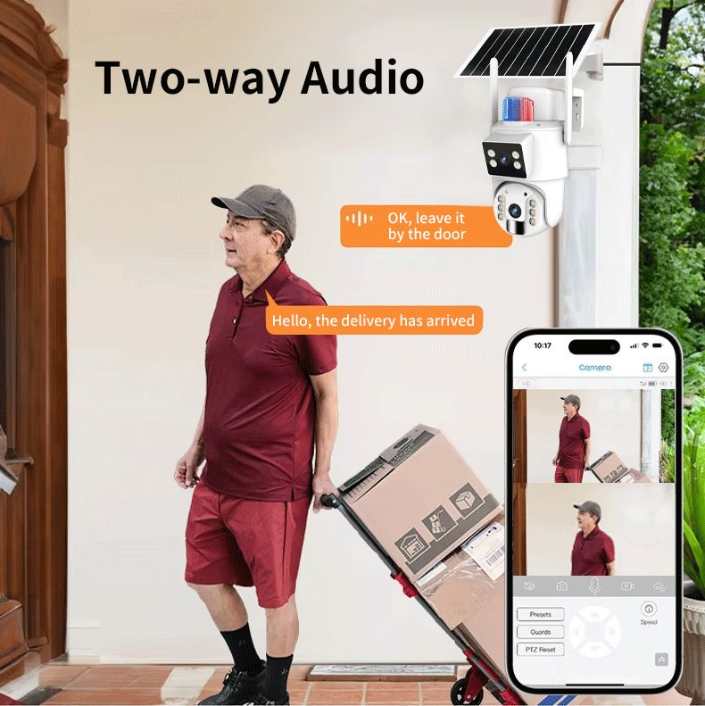Cámara de seguridad solar: 8 MP, doble lente, a todo color, para exteriores, con intercomunicador de voz inteligente y visión nocturna ultra HD._voghion.com