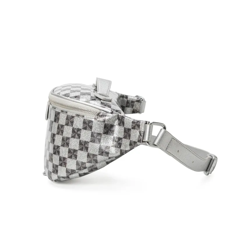 Designer-Tasche, versandkostenfrei: Glitzernde, karierte Bauchtasche mit verstellbarem Riemen und Reißverschluss_voghion.com