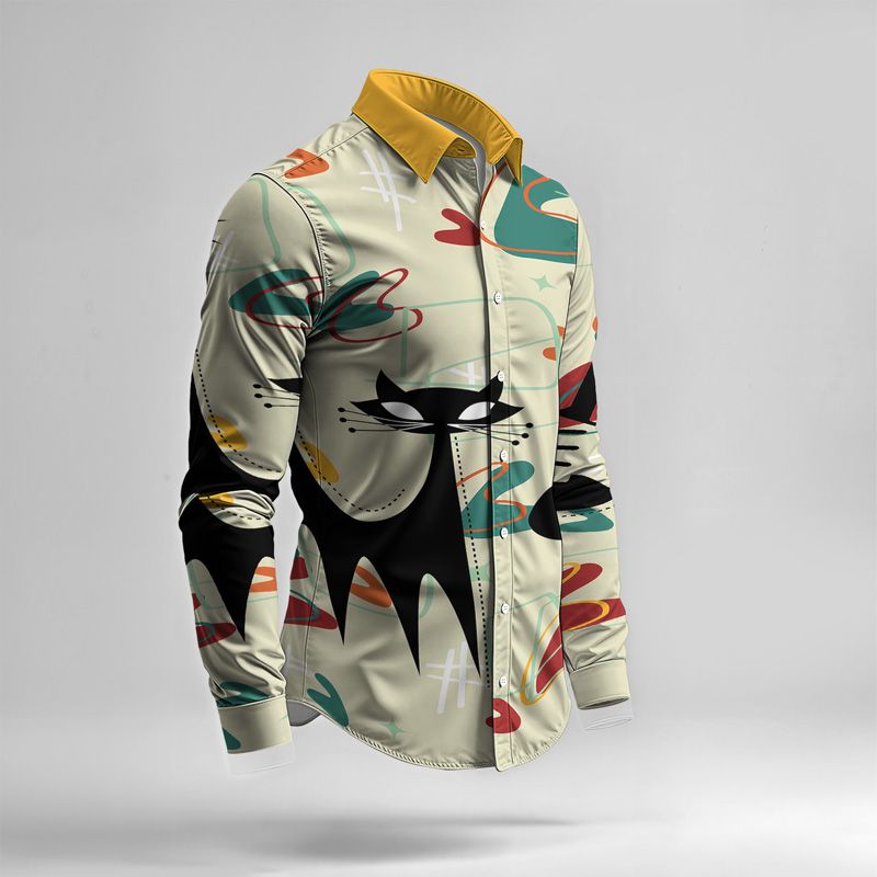 2025 Spring Summer Men Shirt Set Geometry Print Fashion Abstract Two Piece Set Mens Cat Lightweight Party Long Sleeves Suit Casu_voghion.com