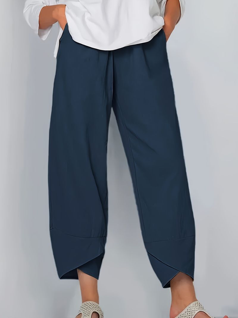 Pantaloni larghi alla moda da donna, casual, larghi, in cotone e lino, con elastico in vita, a nove punte_voghion.com
