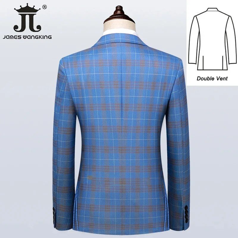 S-5XL Blazer gilet pantalon haut de gamme marque hommes mince Frmal affaires bleu Plaid costume 3 pièces Grm robe de mariée fête_voghion.com