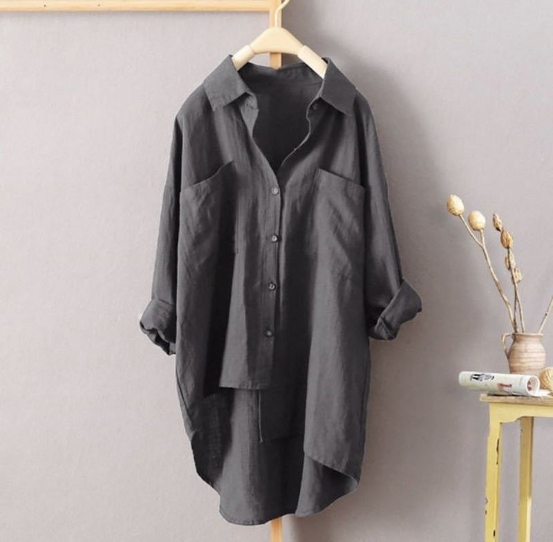 Women's Clothing New Women's Casual Solid Color Shirt Autumn Cotton And Linen Cardigan Double Pocket Long Sleeved Top_voghion.com