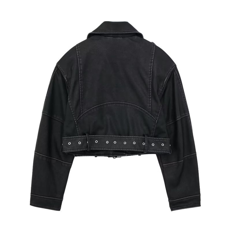 Dameskleding 2024 herfst en winter nieuw item diagonale rits riem revers leren PU jas_voghion.com