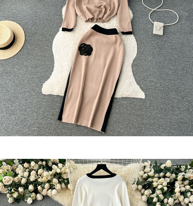 Zweiteiliger Anzug für Damen mit kontrastierendem Farbdesign, Rundhalsausschnitt, lockerem Langarm-T-Shirt und hoch tailliertem, schmalem, mittellangem Rock_voghion.com