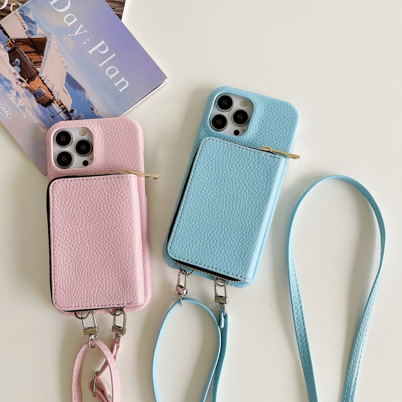 Mobile phone case zipper card holder lanyard suitable for Apple 14 mobile phone case Apple 13 promax litchi pattern protective cover 12 women_voghion.com