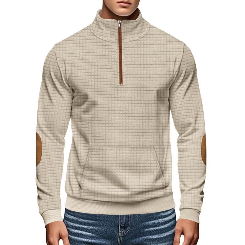 American Style Autumn Winter Men's Casual Sweatshirt Jacquard Small Square Embroidery Patchwork Stand Collar Loose Top_voghion.com