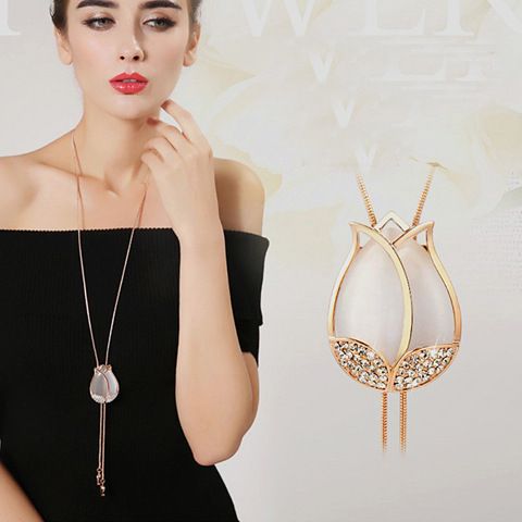 Collier en pierre œil de chat de style coréen pour femmes, pull, accessoires de vêtements, bijoux, pendentif, longue chaîne en alliage_voghion.com