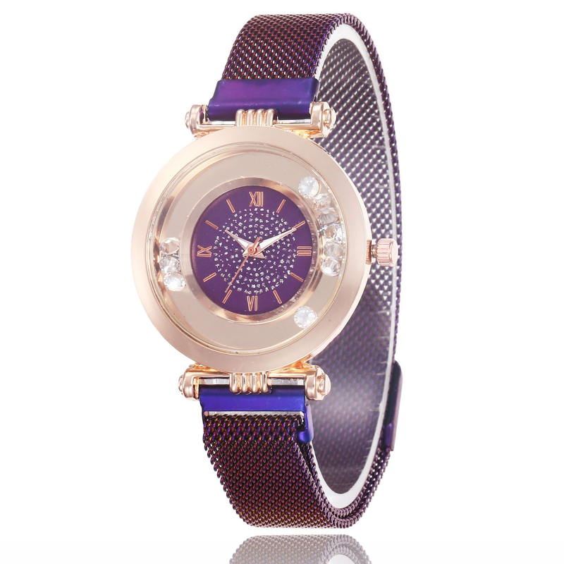 Cost performance full diamond ball quicksand women's mesh quartz ultra-thin Roman digital magnet watch_voghion.com