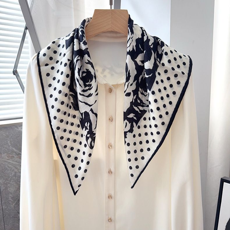 Classic Polka Dot Camellia Silk Wool 70cm Square Simple Luxury Women's Decorative Warm Scarf Commuting Elegant_voghion.com