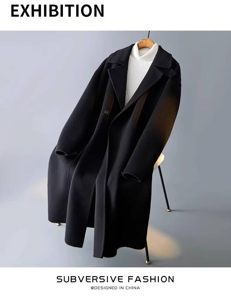 Double-Sided Coat For Men, Mid-Length, Korean Style, Loose Fit, Turn-Down Collar, Casual Full Wool Gray Trench Coat,_voghion.com