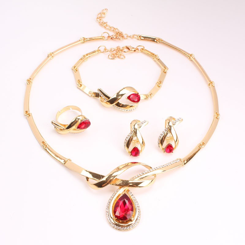 Set di gioielli da donna con perline africane color oro e cristallo austriaco, collana nuziale, braccialetto, orecchini e anelli_voghion.com