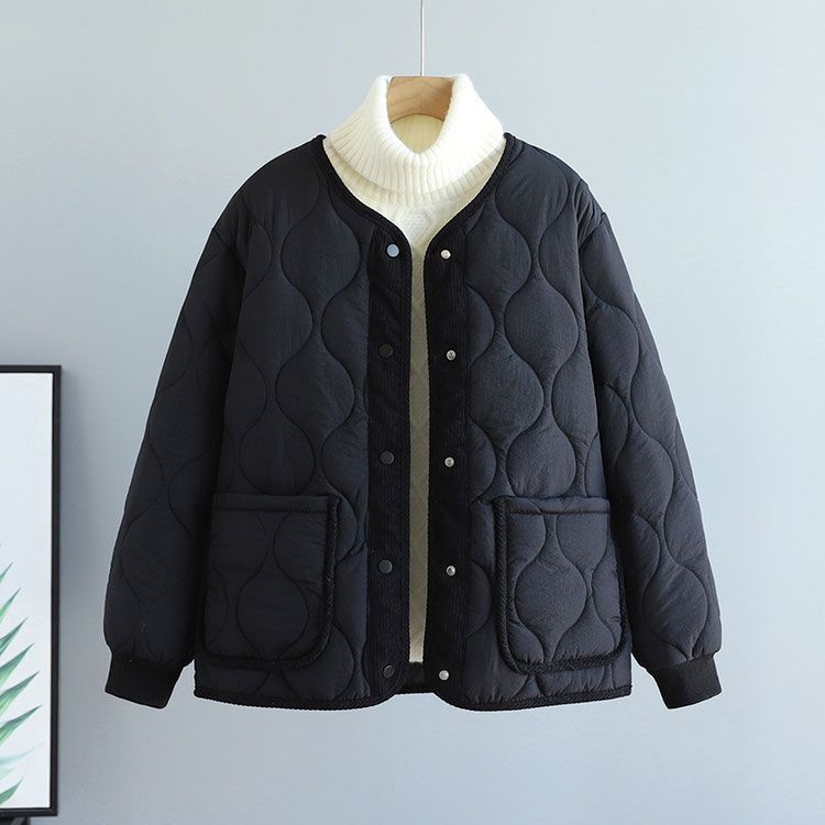 Corduroy Patchwork Quilted Jacket Winter Women Clothing Parkas Warm Cotton-padded Jacket Lightweight Coat Single-breasted Tops_voghion.com