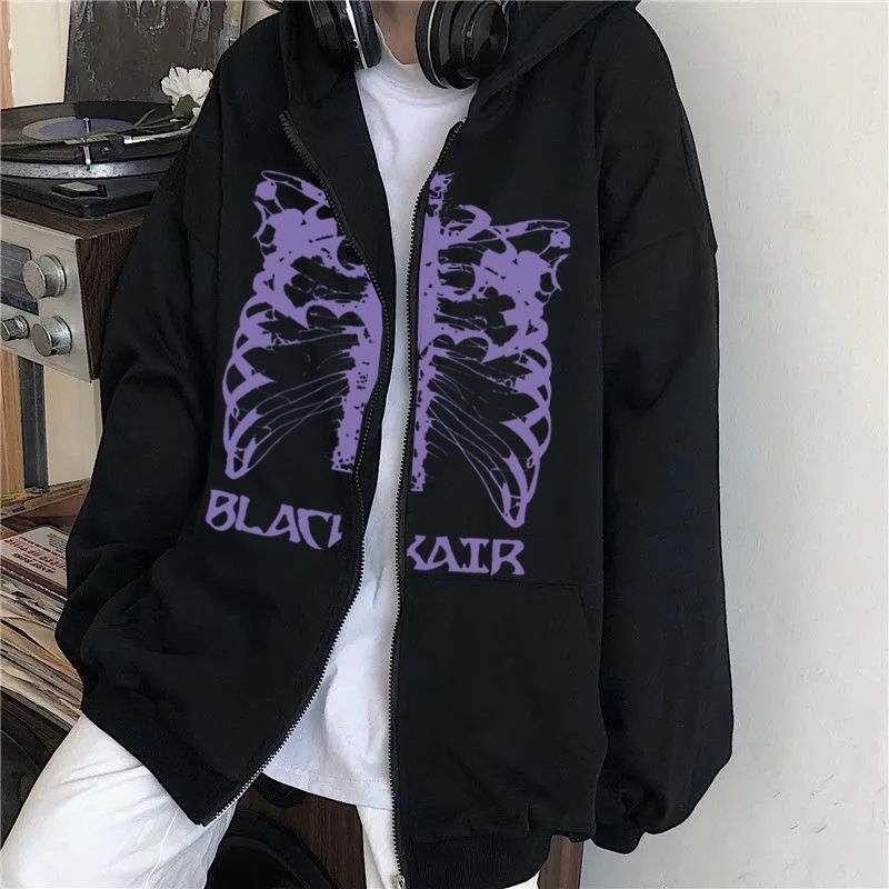 Y2K İskelet Kapüşonlu 90'lar Desenli Baskılı Fermuarlı Üst Kız Sweatshirt_voghion.com
