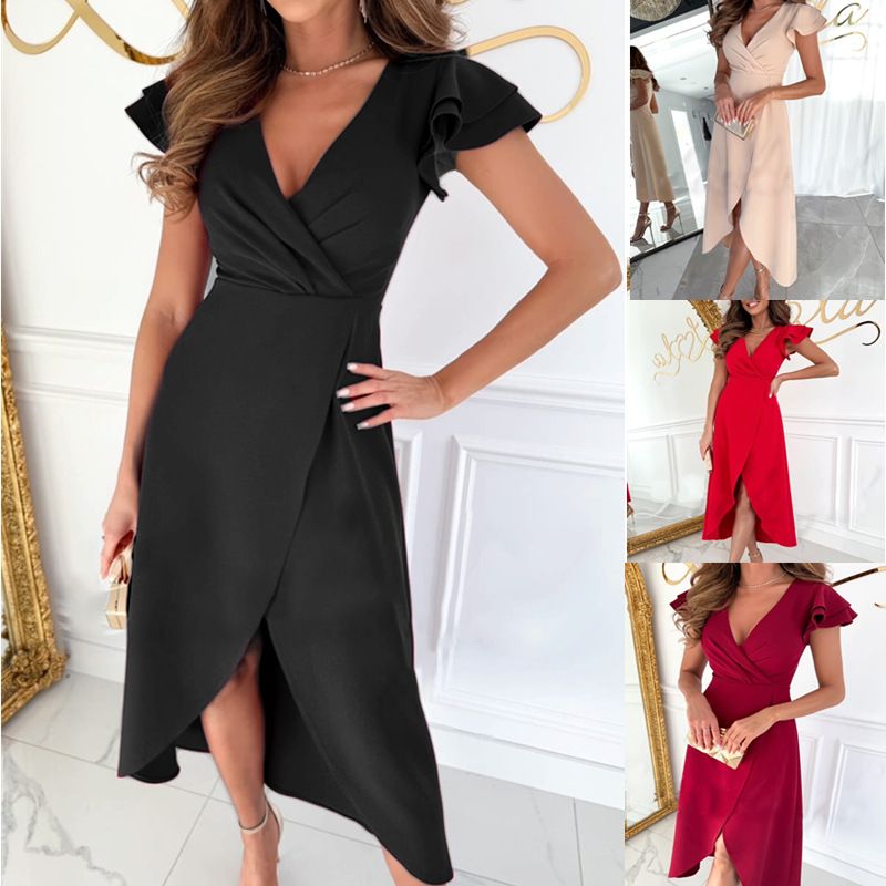 Damenbekleidung V-Ausschnitt Taillen-Lotusärmel Unregelmäßiges Kleid Damen_voghion.com