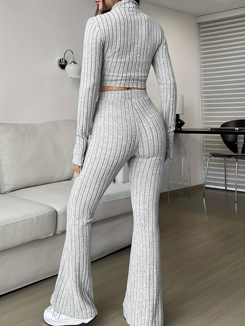 Fashion Solid Color Ribbed Two Piece Set Zipper Long Sleeve Crop Top And High Waist Flared Pants Set Women's Casual_voghion.com