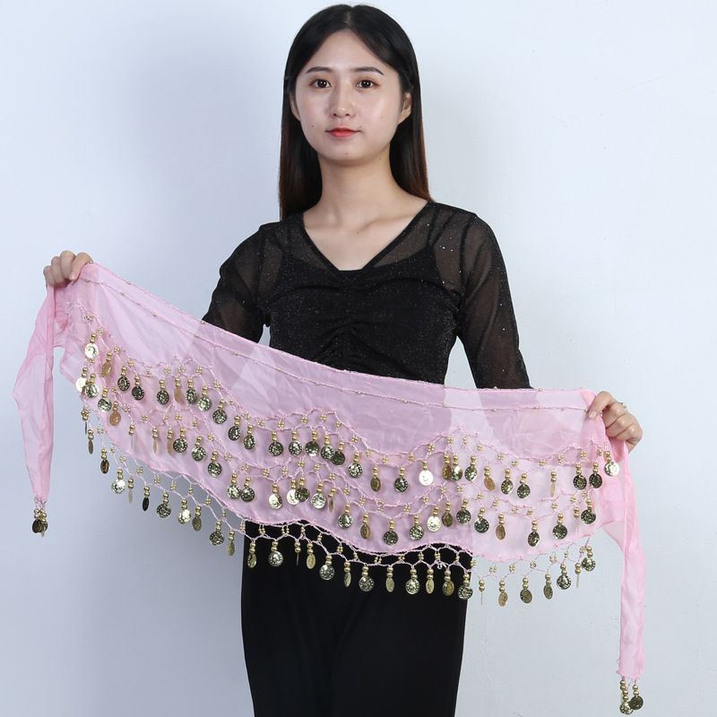 Ceinture de danse en mousseline de soie avec triple pièce d'or et chaîne de taille pour le ventre, serviette de hanche pour la pratique de la danse_voghion.com
