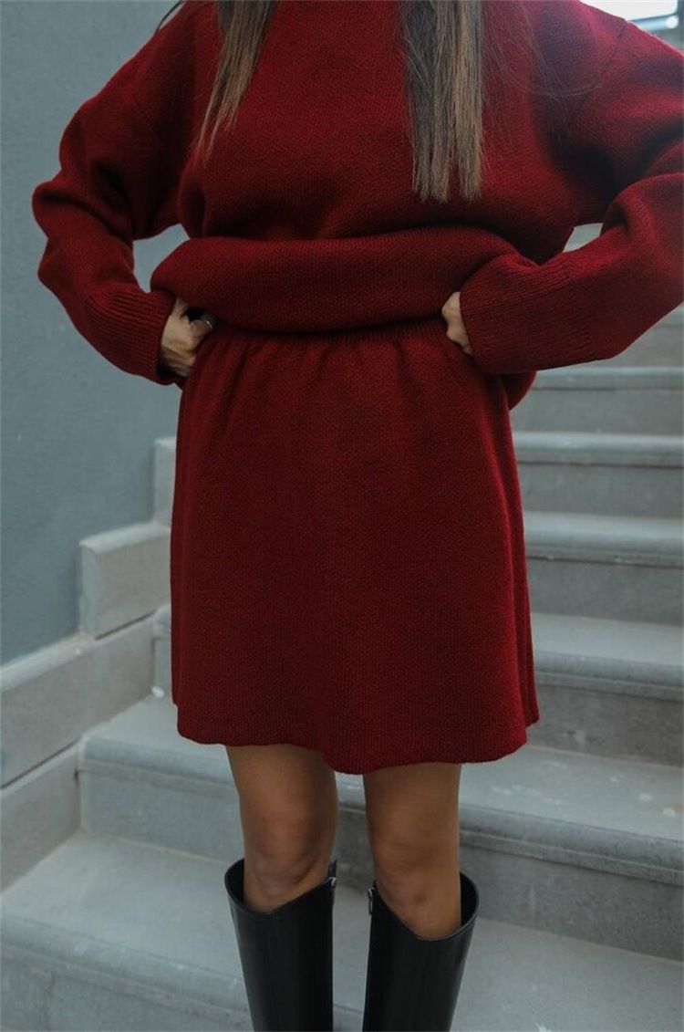 Set van oversized gebreide trui en minirok voor dames (ademend polyester, grijs/beige/rood/zwart/karamel, S/M/L/XL, streetwear)_voghion.com