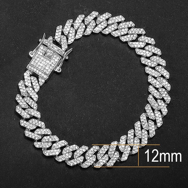 Bracciale a catena cubana con maglie cubane a griffe, stile hip hop, da uomo e da donna, con 2 file di strass, da 13 mm, ghiacciato, con pavé di Miami e rombi._voghion.com