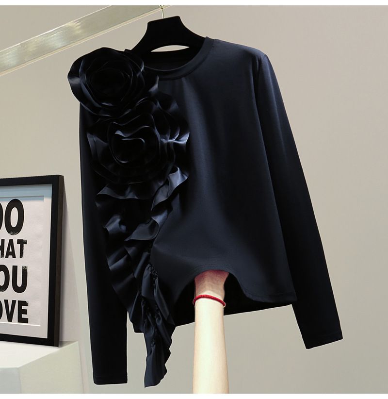 Abbigliamento da donna, maglietta a maniche lunghe con fiori tridimensionali, tinta unita, casual, da abbinare a qualsiasi capospalla, con fondo aderente_voghion.com
