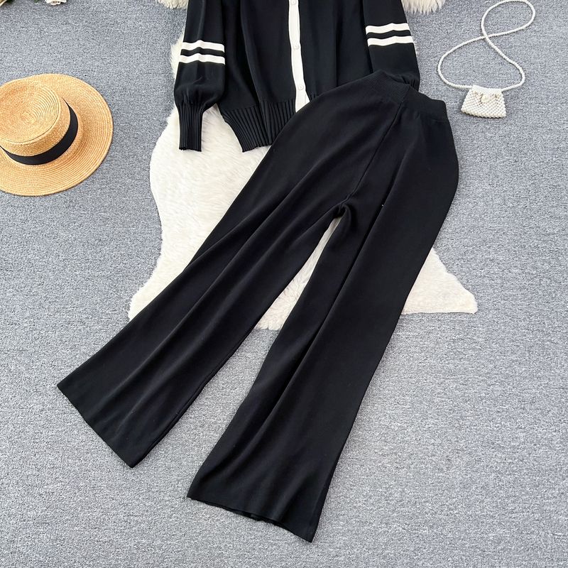 Women's Clothing Hong Kong style chic casual loose versatile knitted cardigan tops women's autumn two piece set high waist slim wide leg trousers_voghion.com