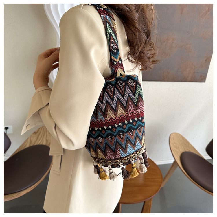 Borsa a secchiello da donna, elegante e semplice, con nappa, borsa a tracolla etnica, borsa per il tempo libero da donna, borsa a secchiello da donna_voghion.com