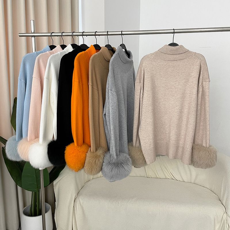 Damenbekleidung Heißer Verkauf Damen Herbst und Winter neuer verdickter hochgeschlossener lockerer Strickpullover mit abnehmbaren Manschetten aus echtem Fuchs_voghion.com