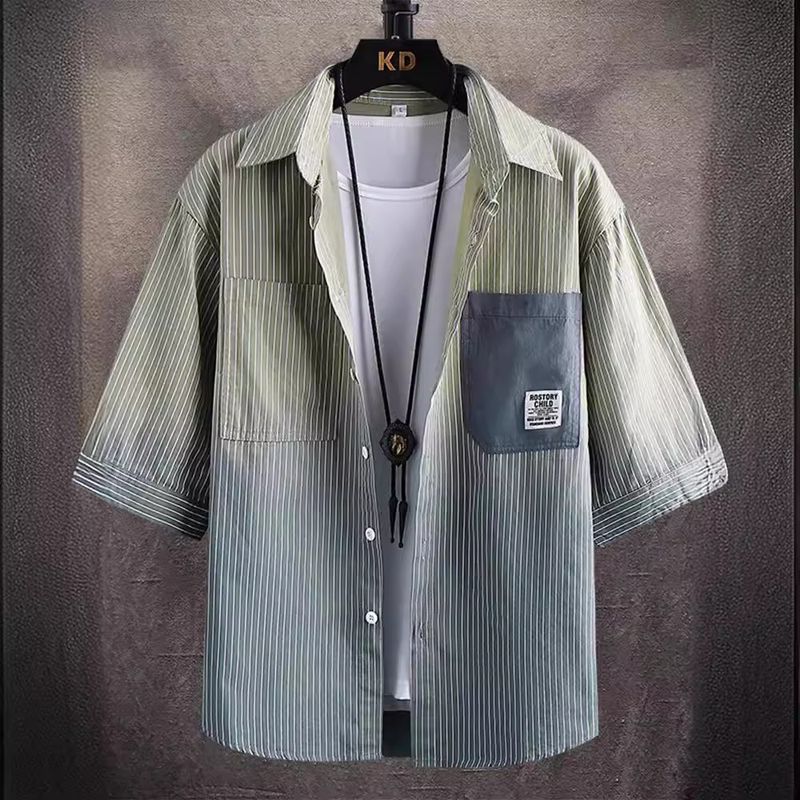 2025 Summer Vertical Striped Texture Label High-end Feel Five-point Short Sleeve Shirt Men's Casual Simple_voghion.com