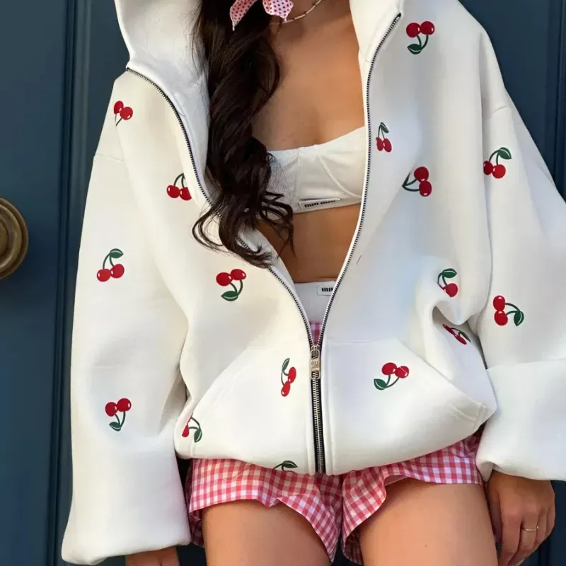 Eleganti e calde felpe con cerniera: felpa casual con stampa di ciliegie in misto cotone, vestibilità ampia e tasche_voghion.com
