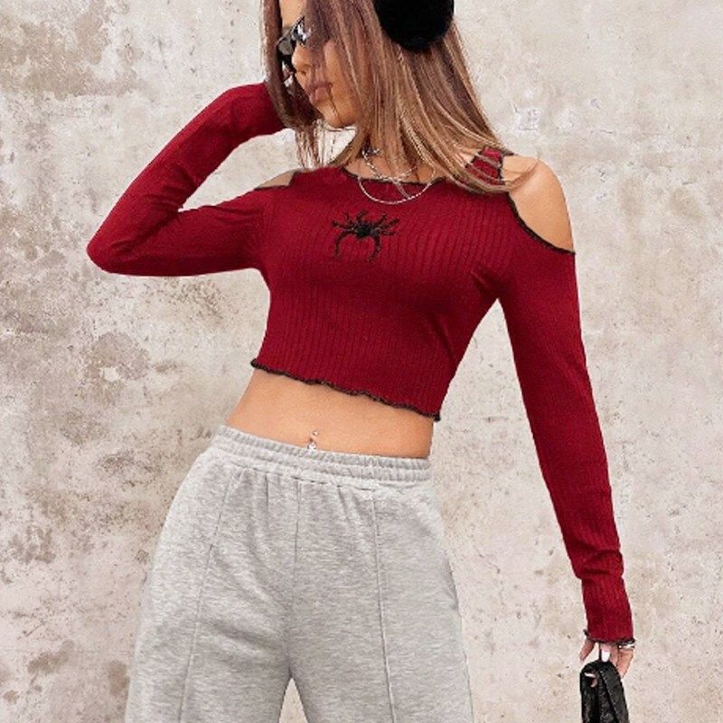 Maglietta da donna a maniche lunghe con motivo a stelle, stile scuro, con finiture a blocchi di colore, primavera estate 2025_voghion.com