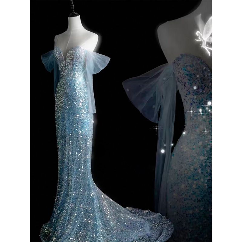 Fish Tail Evening Dress New Blue Sequin Strapless Gift Fish Tail Dress Ball Dress_voghion.com