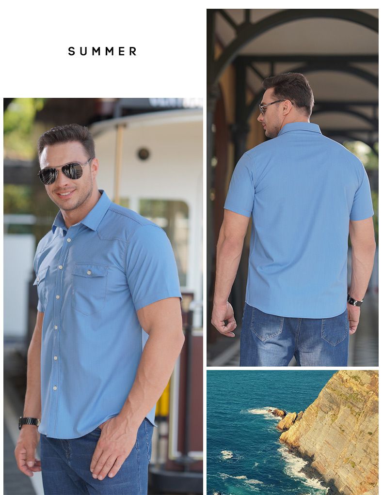Herrenbekleidung Plus Size Elastic Denim Kurzarmhemd Fat Guy Business Casual Dünnes Hemd Fat Brother Plus Fat_voghion.com