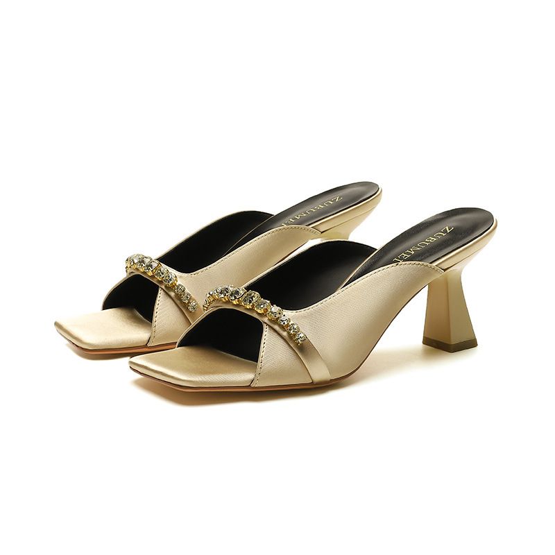 Shoes Square Open Toe High Heels Rhinestone Metal Hollow Outdoor Single Strap Sandals 2025 Spring Summer New Fashion Versatile_voghion.com