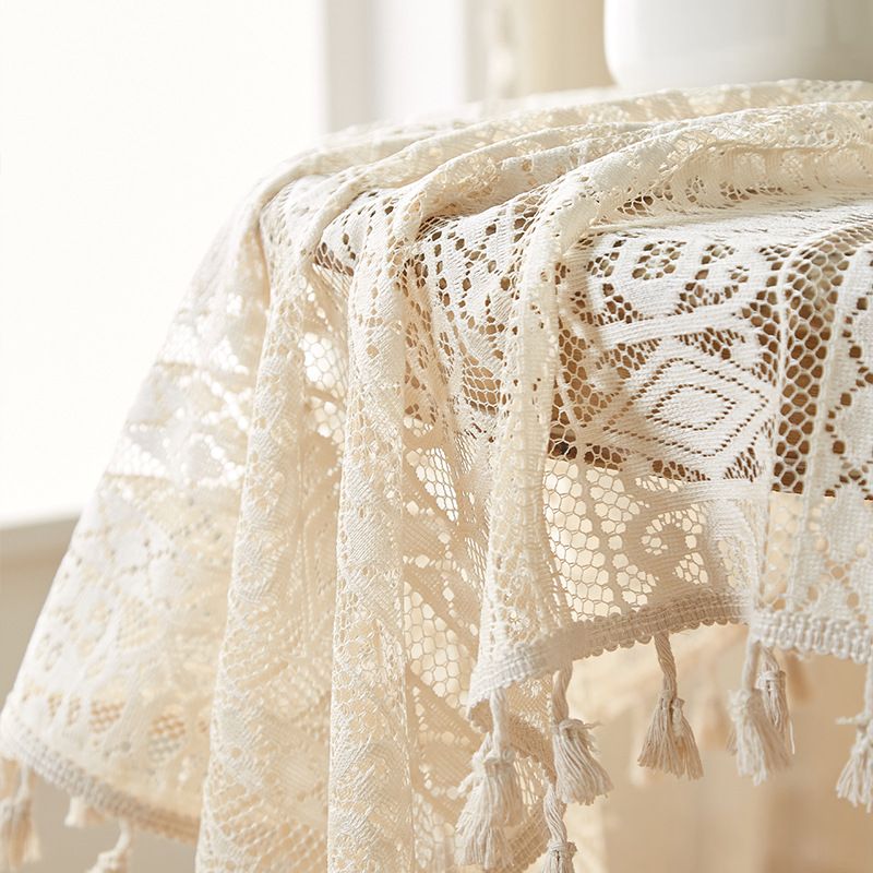 Tovaglia spessa in lino beige - Copritavolo rotondo in stile bohémien con motivo traforato, lavabile e resistente per tavoli da pranzo e da caffè._voghion.com