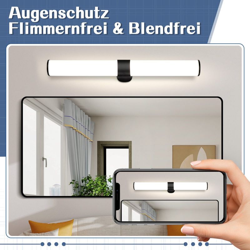 Glitzerlife LED Spiegelleuchte Schwarz Bad Spiegellampe - Wandlampe 8W IP44 Wasserdicht Neutralweiß 4000K Badlampe 60CM Schminklicht Für Badschrank Schminktisch_voghion.com