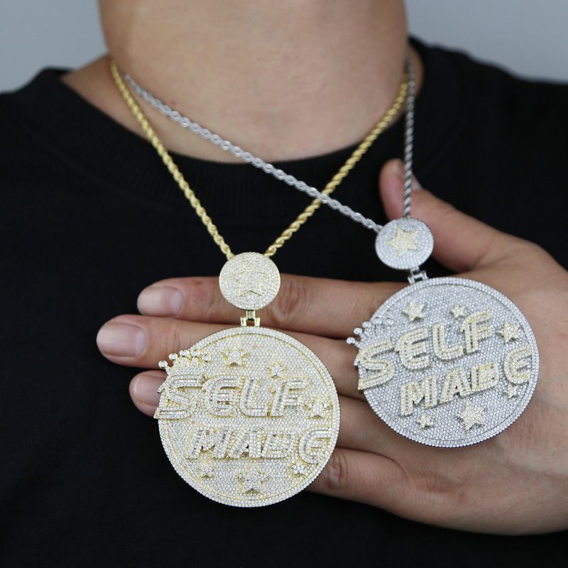 Nuovo ciondolo rotondo con lettera SELFMADE, set alla moda, collana da uomo in zircone_voghion.com