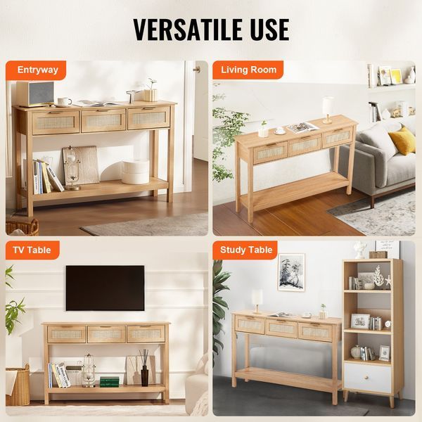 Rattan Console Table With 3 Storage Drawers Rattan Sliding Door Natural_voghion.com