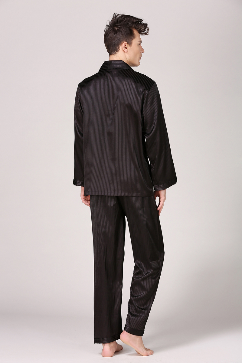 Cross-border European size men's imitation silk black striped long-sleeved pajamas spring and summer men's home clothes T806_voghion.com
