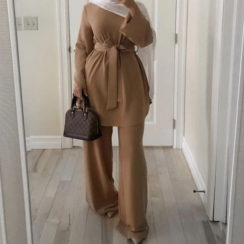 Two-pieces Abaya Turkish Kimono Tops Pants Muslim Dress Abayas Hijab Robe Dubai Caftan Kaftan Islam Clothing For Women Fashion_voghion.com