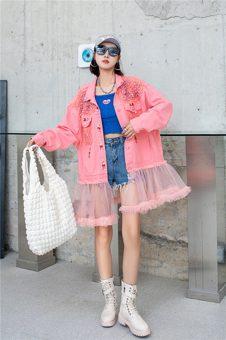 QING MO Damer Heavy Industry Paljetter Kappa Lös Mellanlängd Färg Diamanter Bead Splicing Mesh Denim Coat 2023 Höst_voghion.com