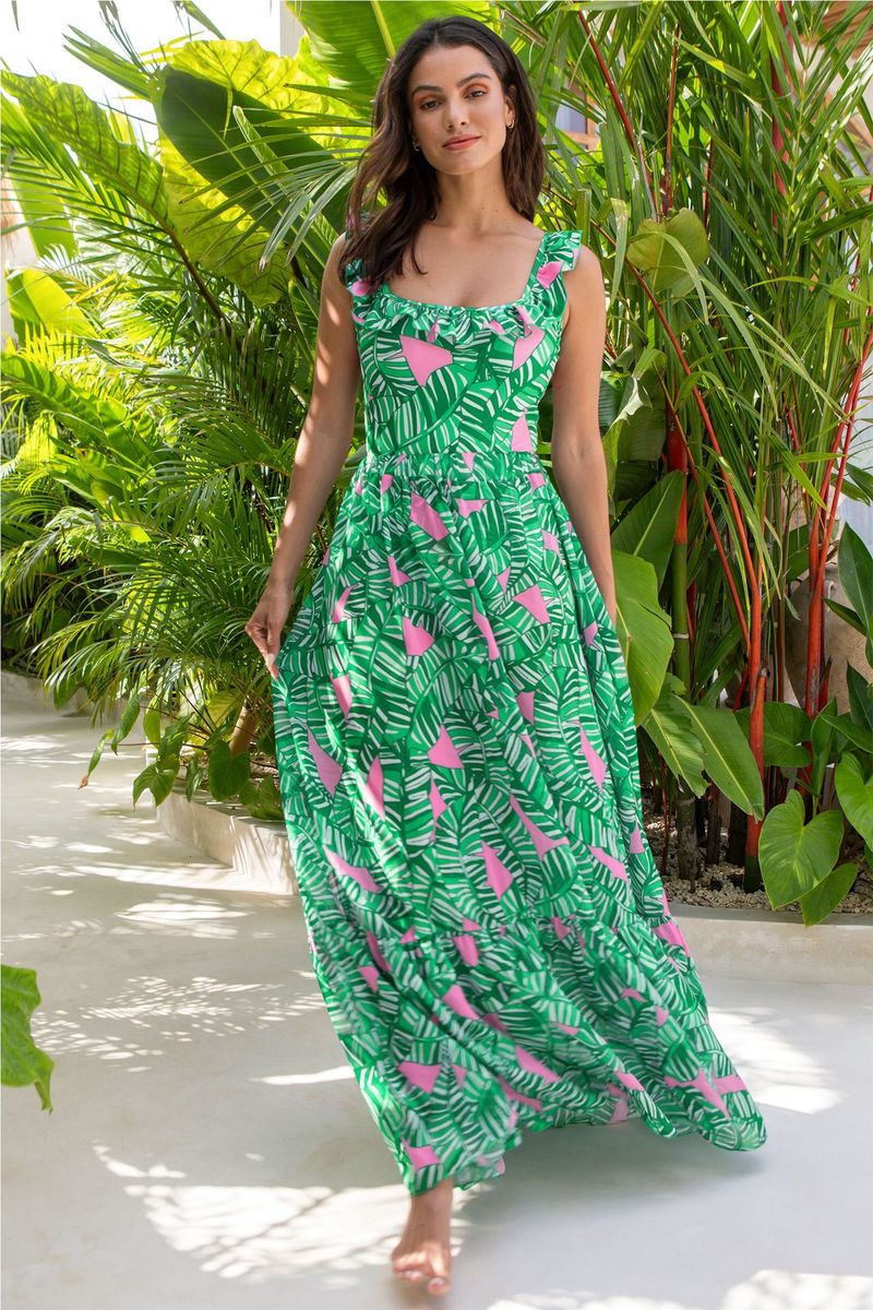 Grün bedruckter Badeanzug mit Rüschen für Damen – Blumenmuster_voghion.com
