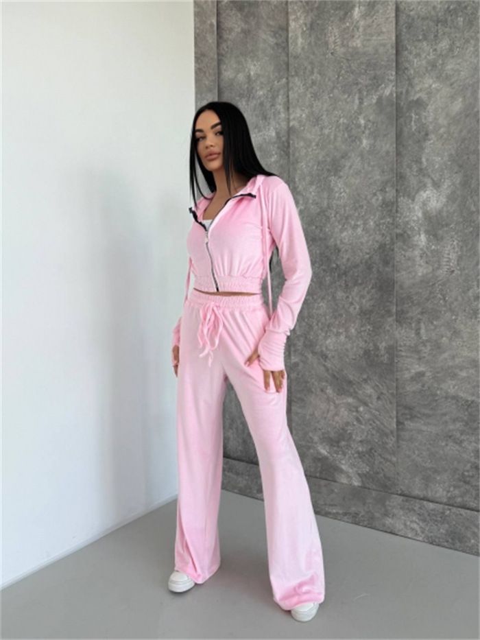 Women's Casual Hooded Zip-up Sweatshirt & Drawstring Pants Set – Solid Color Long Sleeve Streetwear Two-piece Outfit_voghion.com