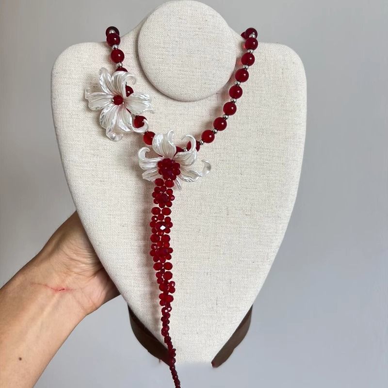 Iris Rode Kralen Ketting Retro Licht Luxe Exquise Hoge Gevoel Overdreven Sleutelbeenketting_voghion.com
