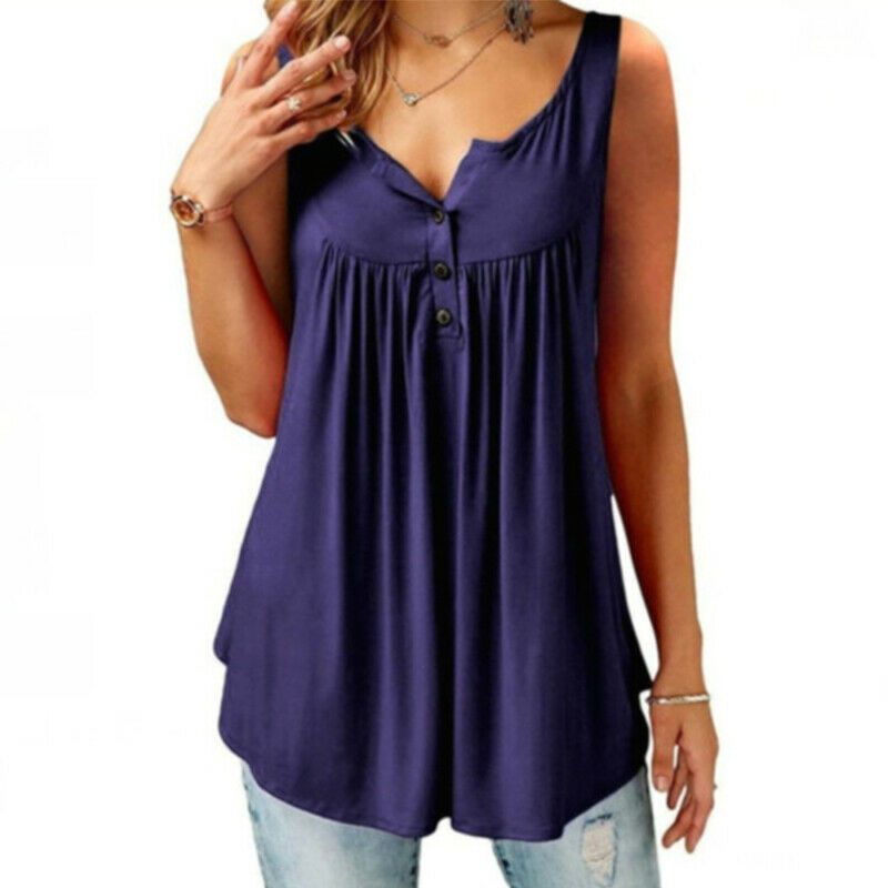 Women Ruffle Elegant O Neck Swing Tunic Blouses In Chic Design Button Sleeveless_voghion.com