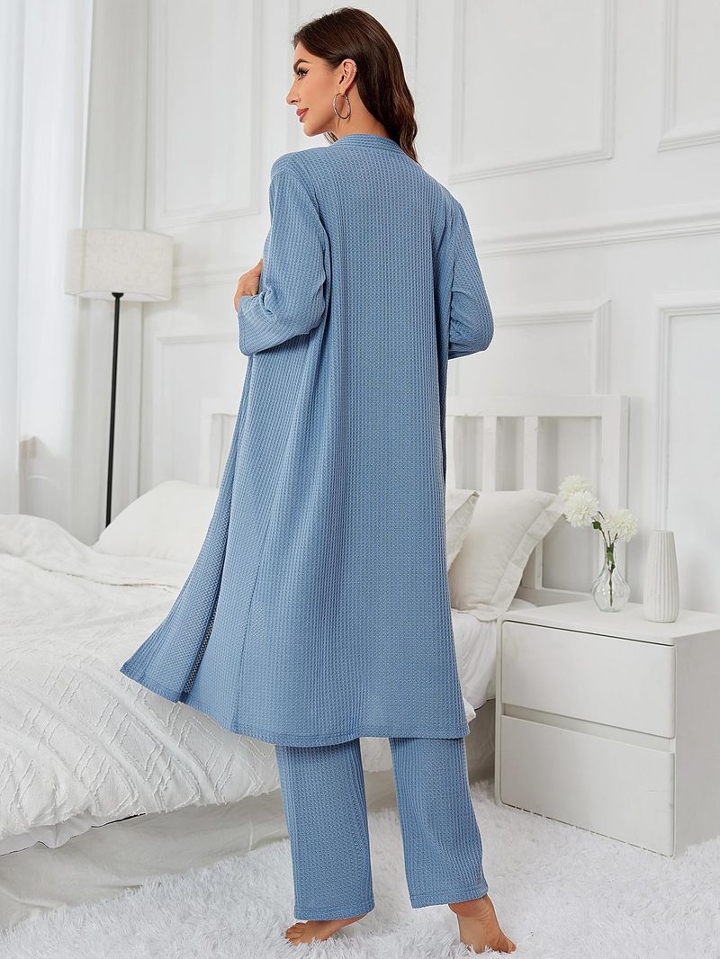 Sleepwears Pamas Women's Waffle Solid Color Suspenders Trousers Long Sleeved Outer Robe Three Piece Home Clothes_voghion.com
