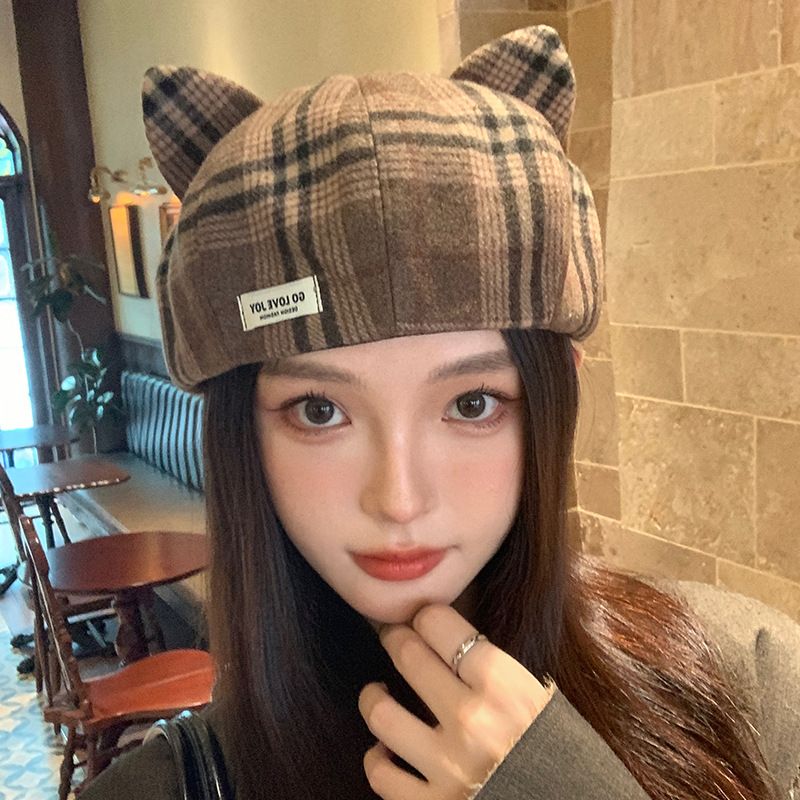 Dolce e carino berretto con orecchie di gatto in stile coreano, casual, versatile, antivento, ottagonale, moda autunno inverno, cappello caldo per le donne_voghion.com
