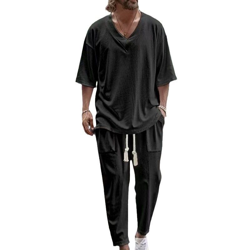 Unschlagbare Qualität Ins Frühling Herbst Herren Baumwolle und V-Ausschnitt T-Shirt Casual Kurzarm Hose Strand Set_voghion.com