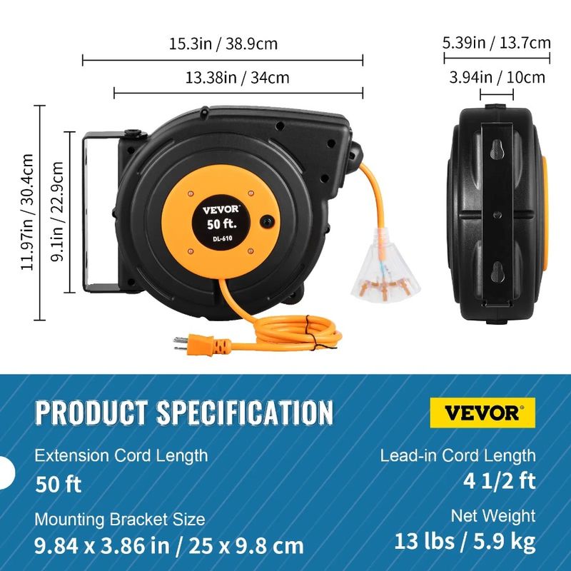 Power Reel Extension Cord 50ft Retractable Reel Cord 14AWG/3CSJTOW_voghion.com
